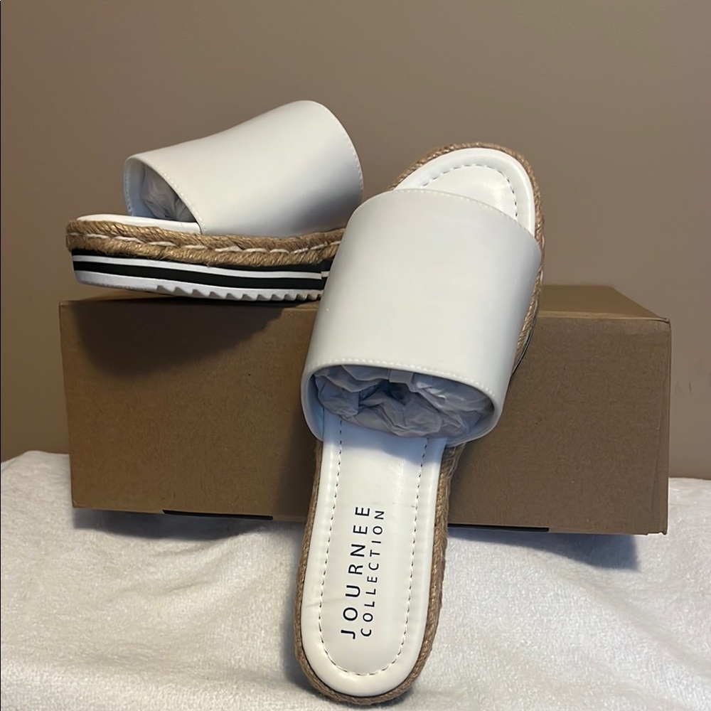Journee Collection White Textured Sandals with Wide Strap